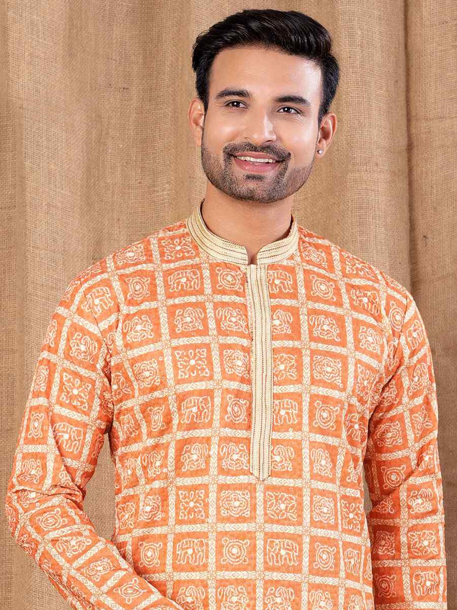 Orange Silk Embroidery Festival Wedding Party Mens Kurta