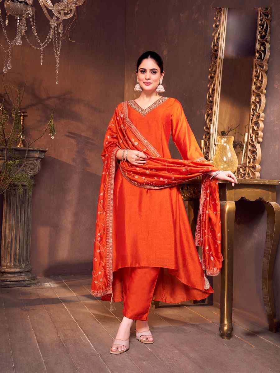 Orange Silk Embroidery Party Wedding Festival Casual Ready Anarkali Salwar Kameez