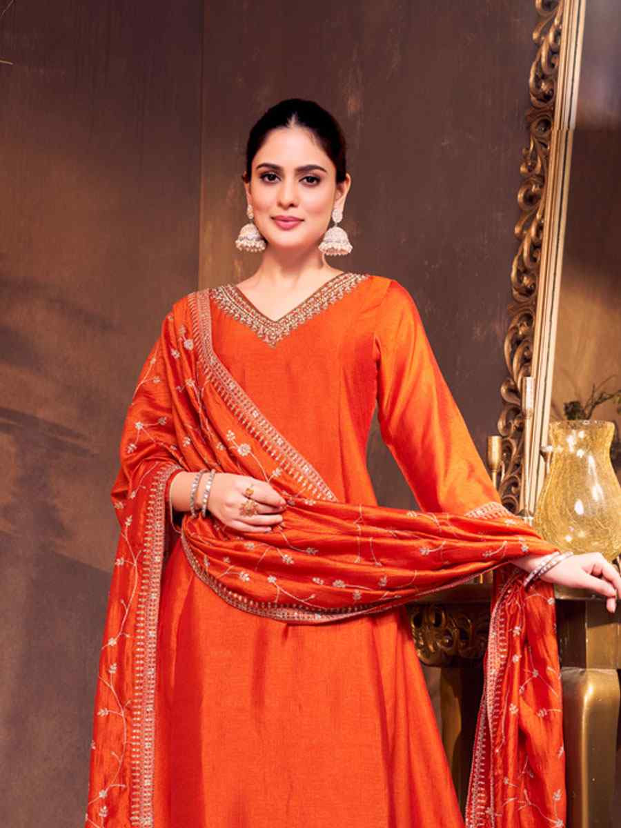 Orange Silk Embroidery Party Wedding Festival Casual Ready Anarkali Salwar Kameez