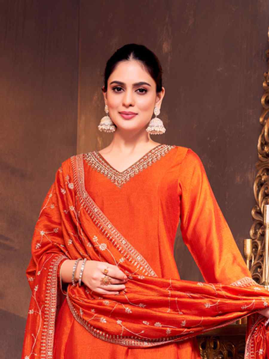 Orange Silk Embroidery Party Wedding Festival Casual Ready Anarkali Salwar Kameez