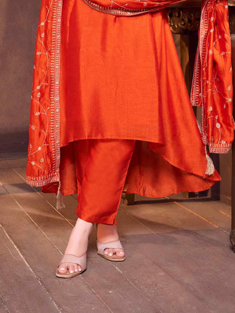 Orange Silk Embroidery Party Wedding Festival Casual Ready Anarkali Salwar Kameez
