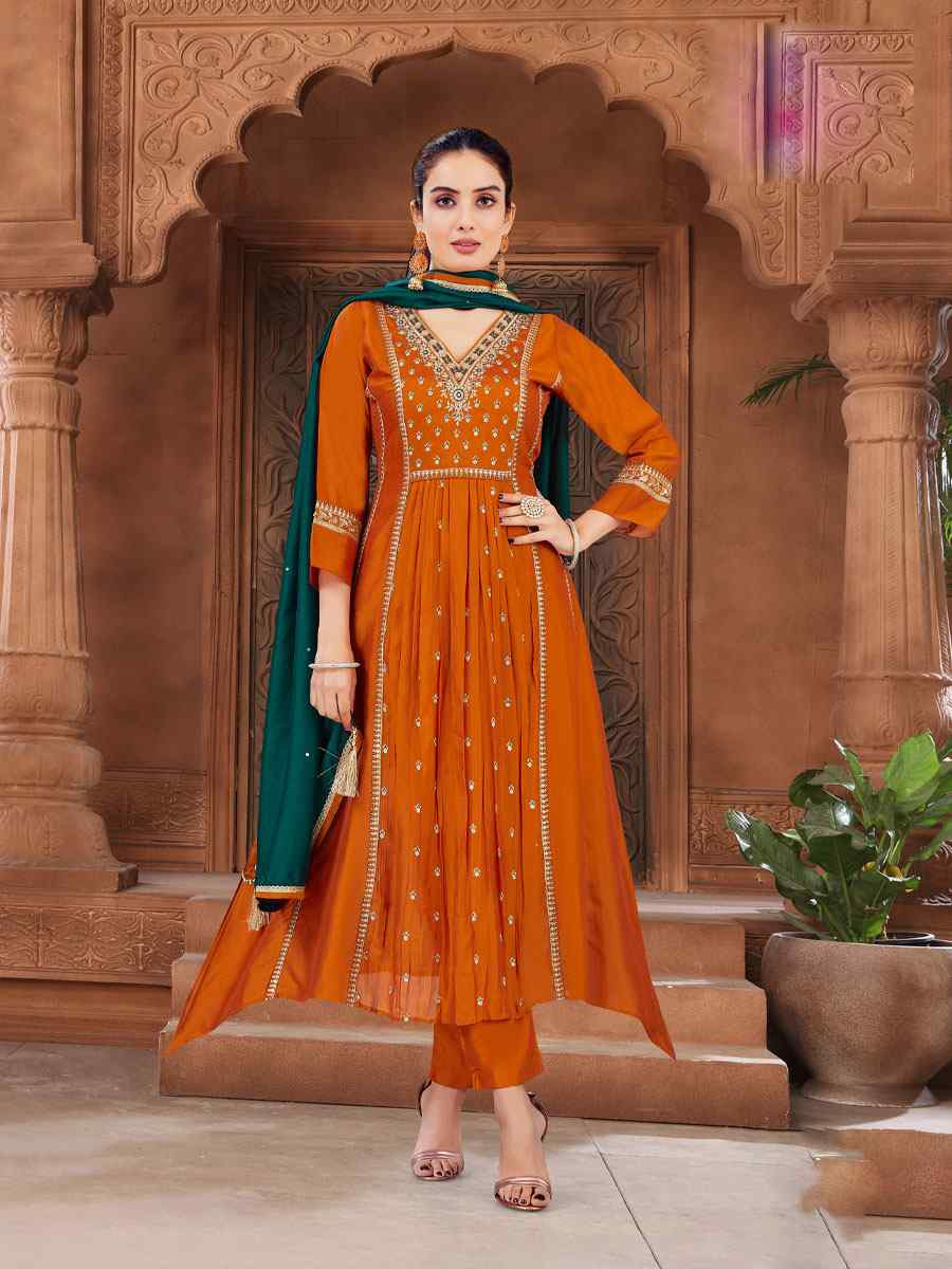 Orange Silk Embroidery Party Wedding Festival Casual Ready Anarkali Salwar Kameez