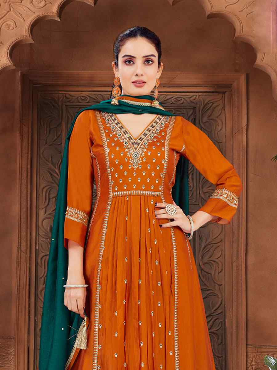 Orange Silk Embroidery Party Wedding Festival Casual Ready Anarkali Salwar Kameez