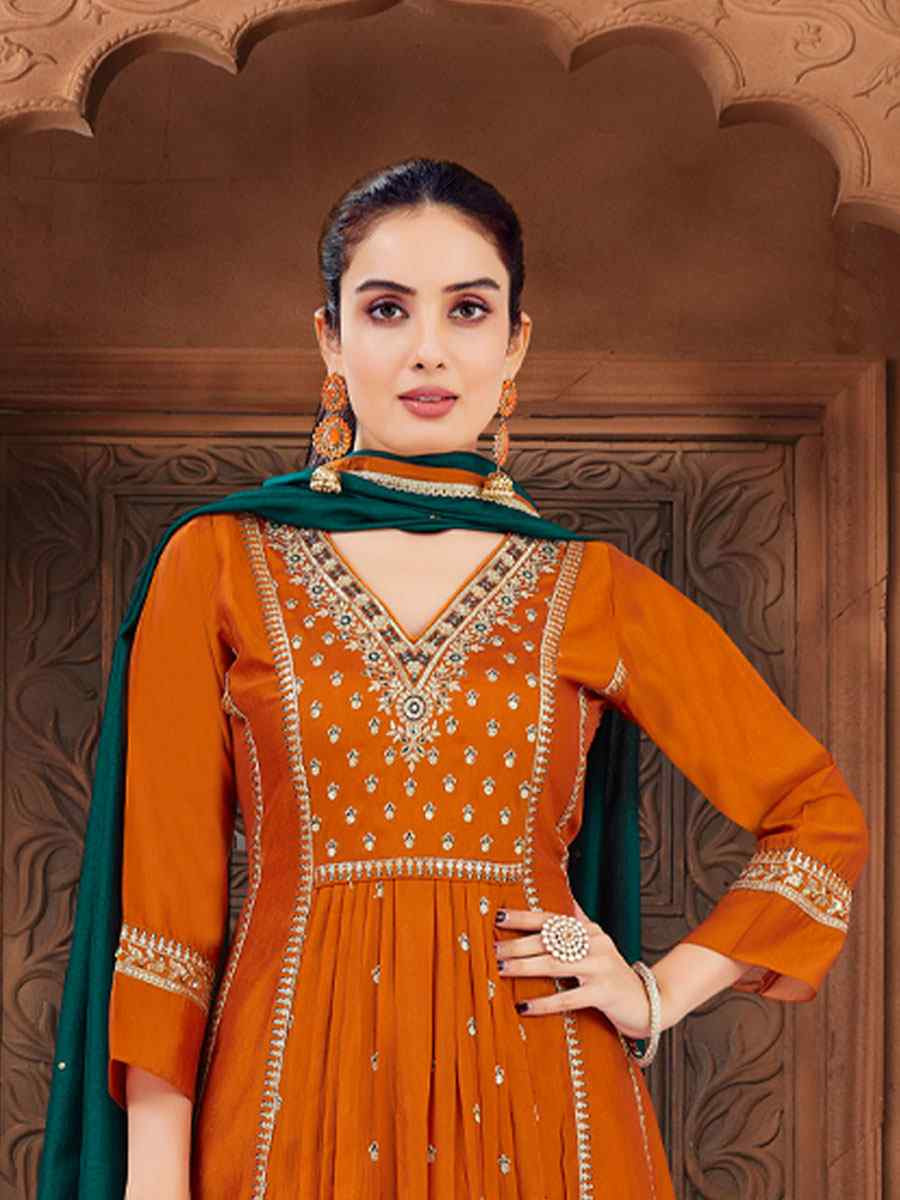 Orange Silk Embroidery Party Wedding Festival Casual Ready Anarkali Salwar Kameez
