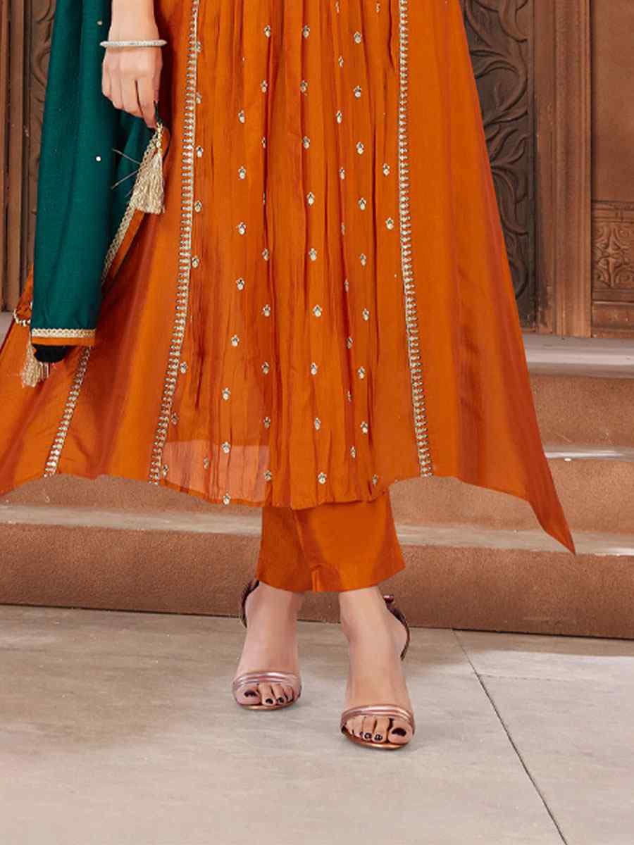 Orange Silk Embroidery Party Wedding Festival Casual Ready Anarkali Salwar Kameez