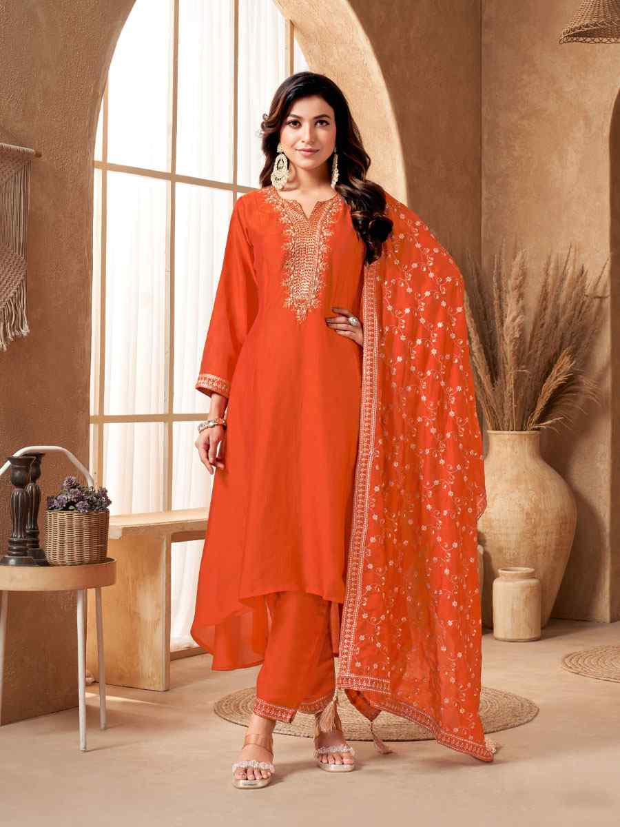 Orange Silk Embroidery Party Wedding Festival Casual Ready Anarkali Salwar Kameez