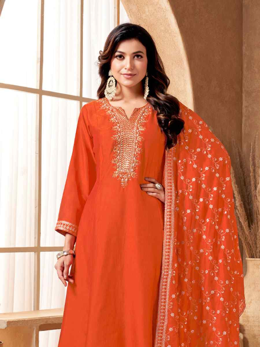 Orange Silk Embroidery Party Wedding Festival Casual Ready Anarkali Salwar Kameez