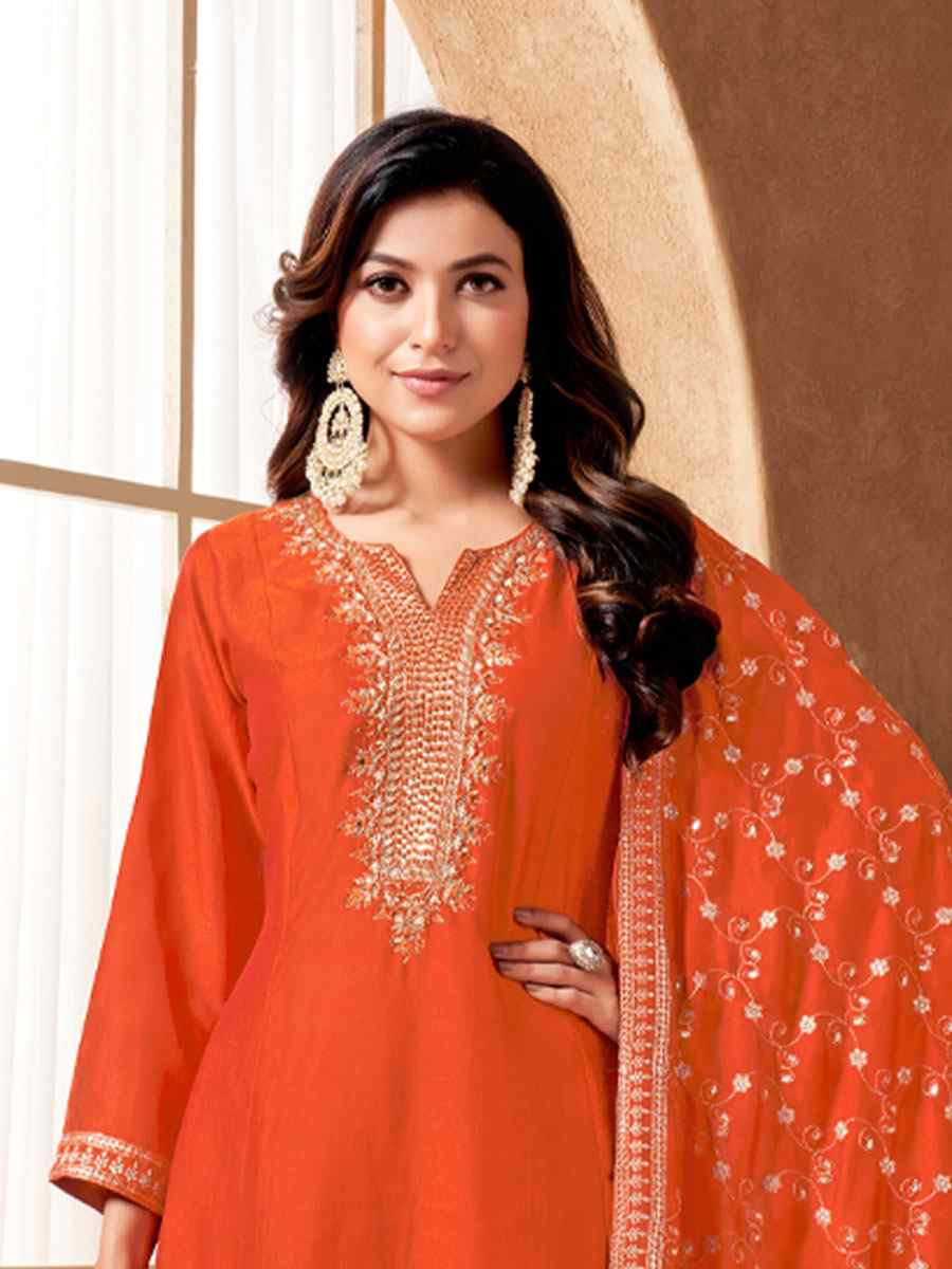 Orange Silk Embroidery Party Wedding Festival Casual Ready Anarkali Salwar Kameez