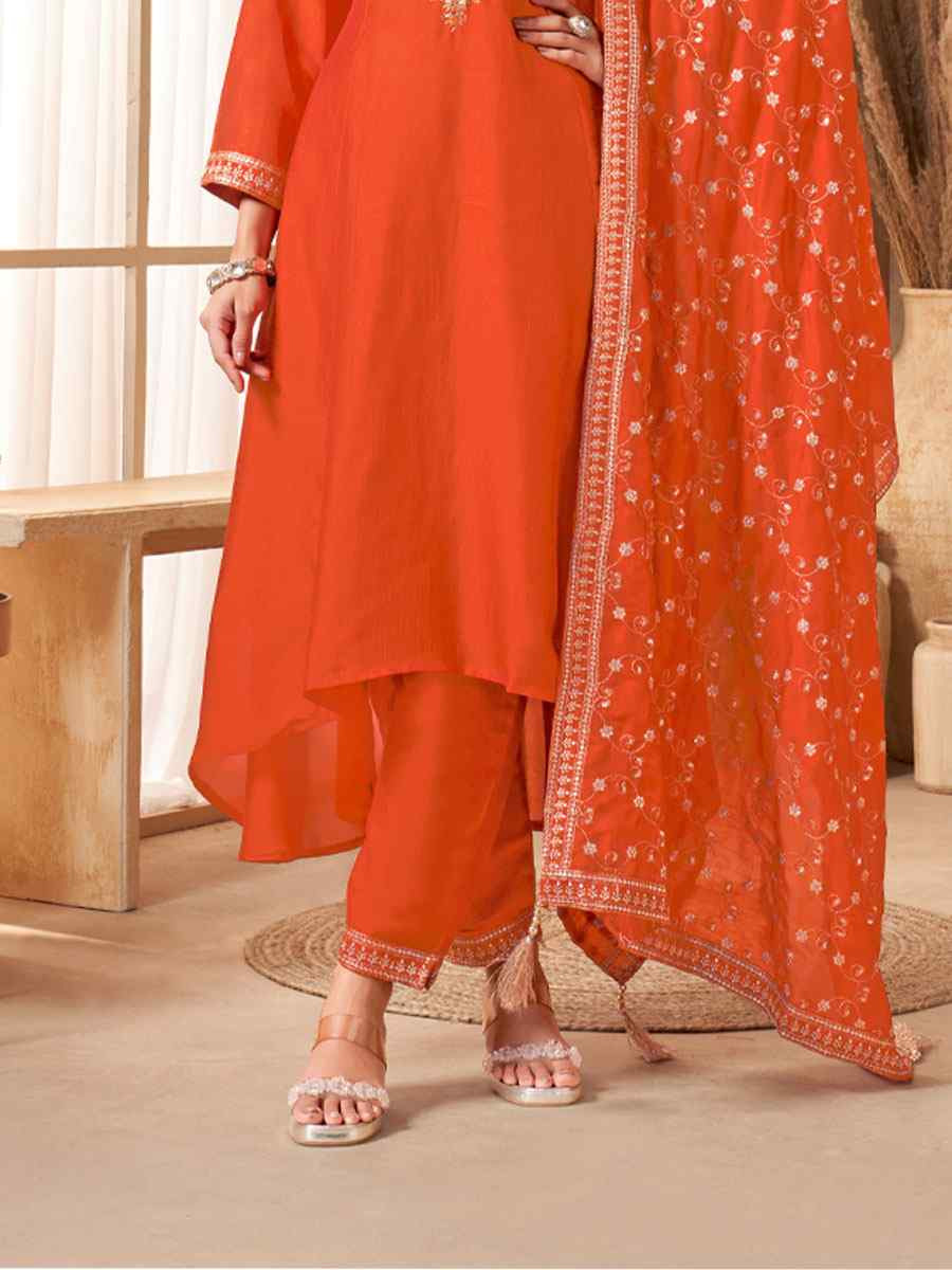 Orange Silk Embroidery Party Wedding Festival Casual Ready Anarkali Salwar Kameez