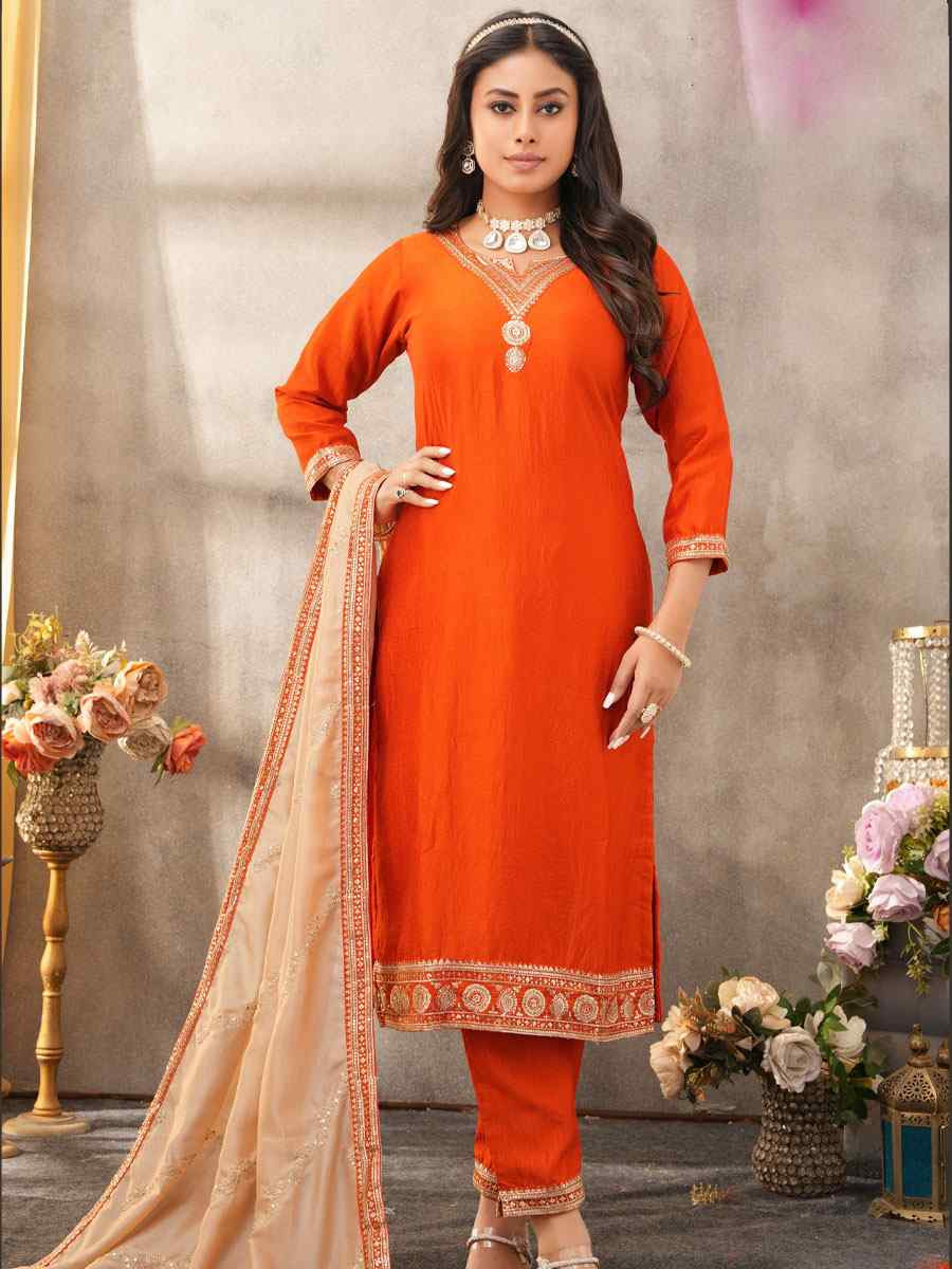 Orange Silk Embroidery Party Wedding Festival Casual Ready Pant Salwar Kameez