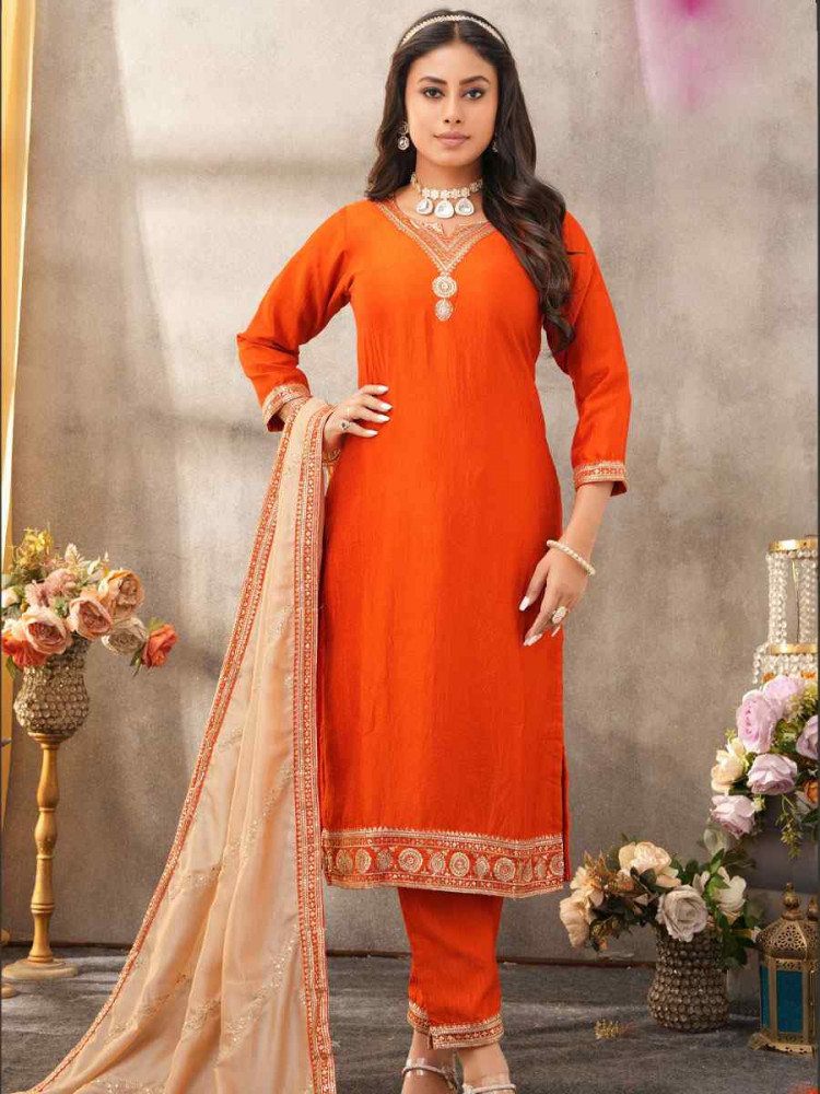 Image of Orange Silk Embroidery Party Wedding Festival Casual Ready Pant Salwar Kameez