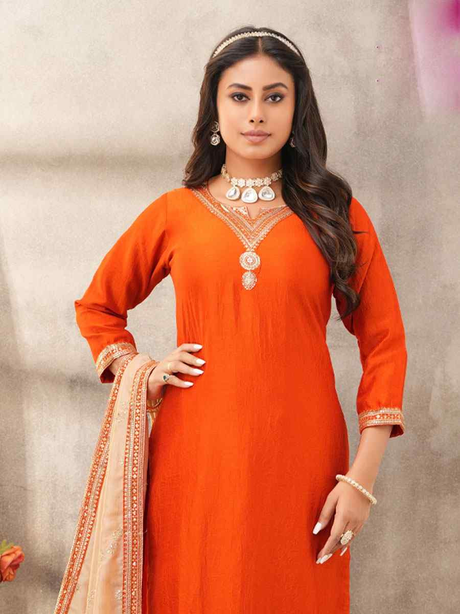 Orange Silk Embroidery Party Wedding Festival Casual Ready Pant Salwar Kameez
