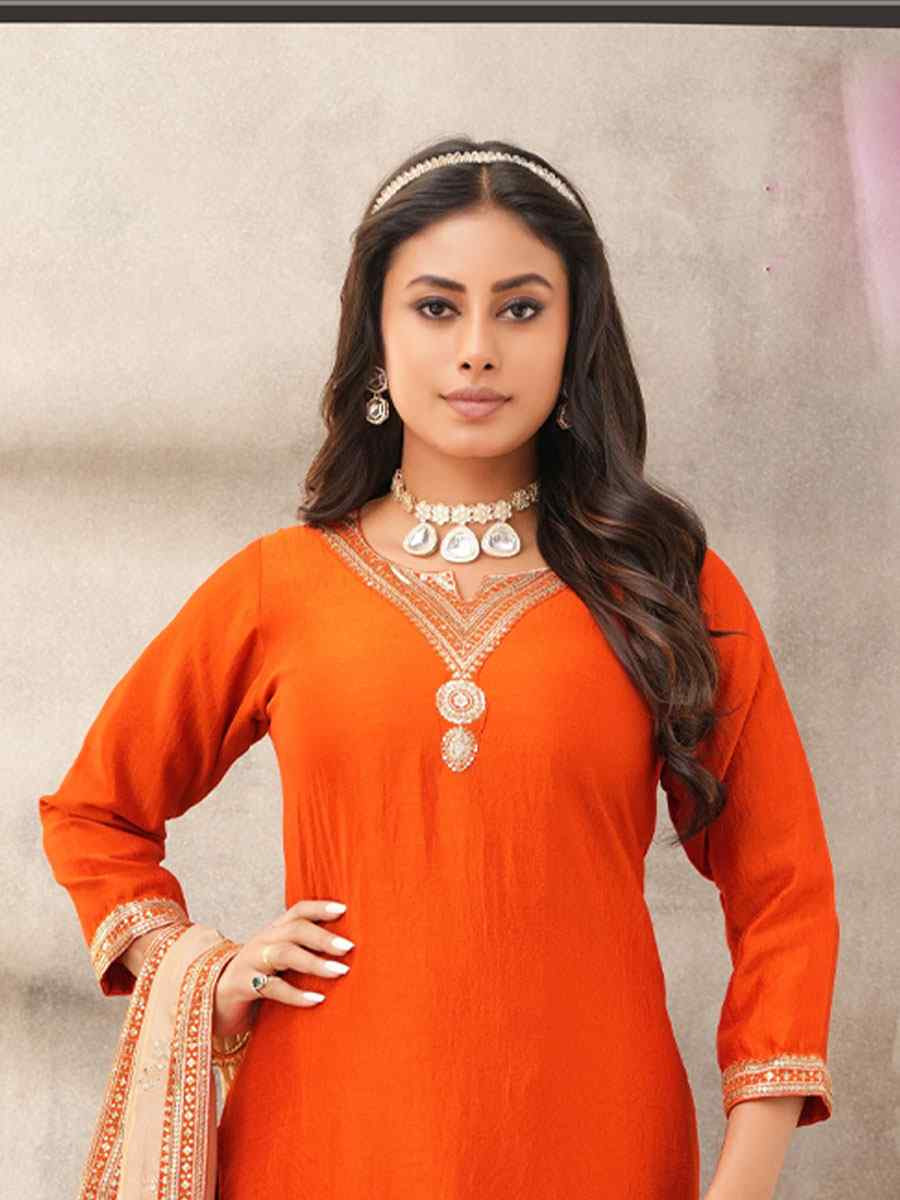 Orange Silk Embroidery Party Wedding Festival Casual Ready Pant Salwar Kameez