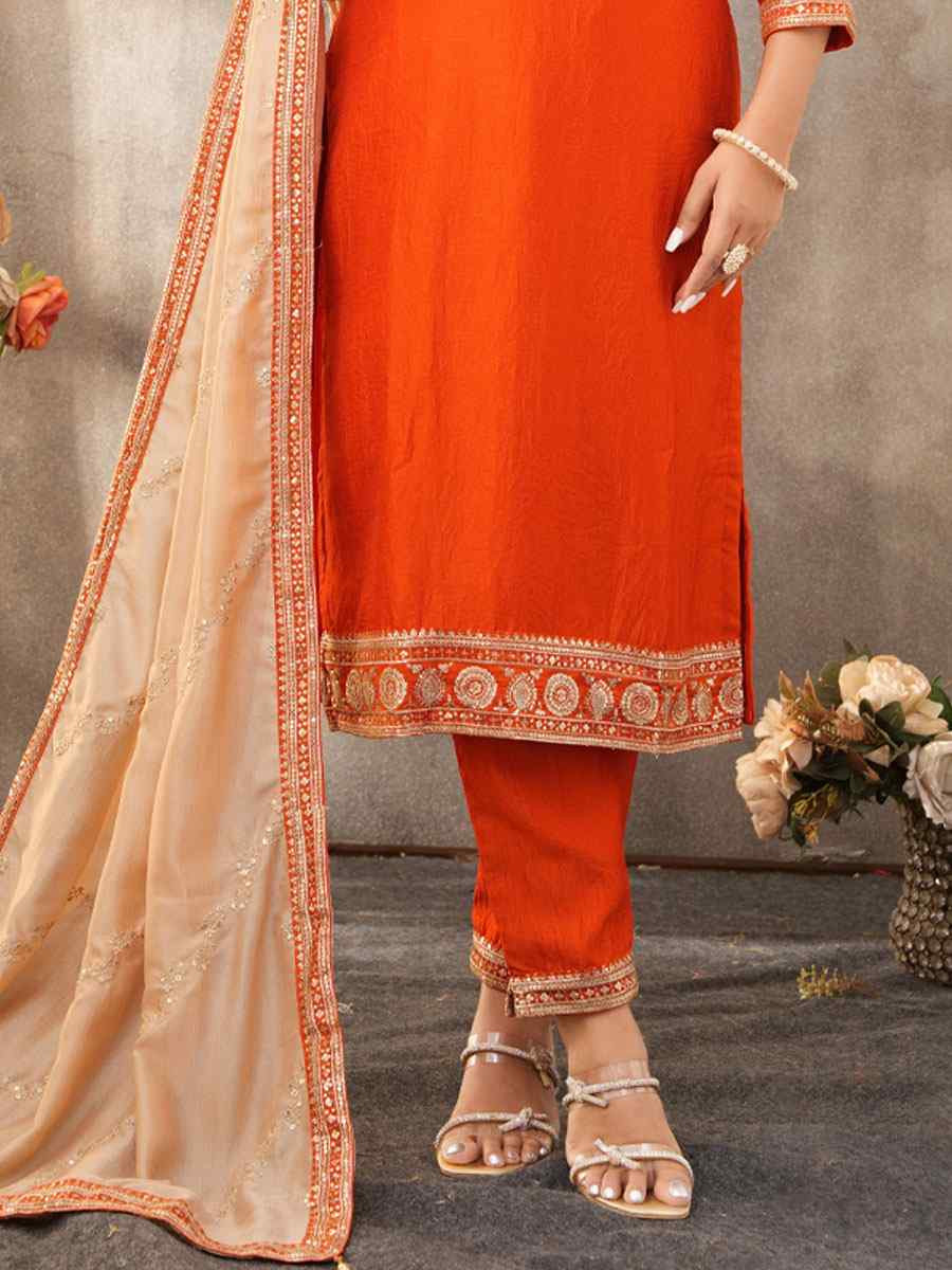 Orange Silk Embroidery Party Wedding Festival Casual Ready Pant Salwar Kameez