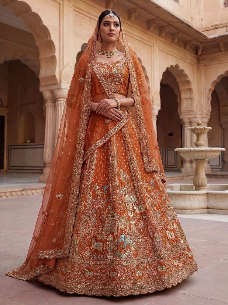 Image of Orange Silk Embroidery Sequins Zari Wedding Bridal Party Festival Heavy Border Lehenga Choli