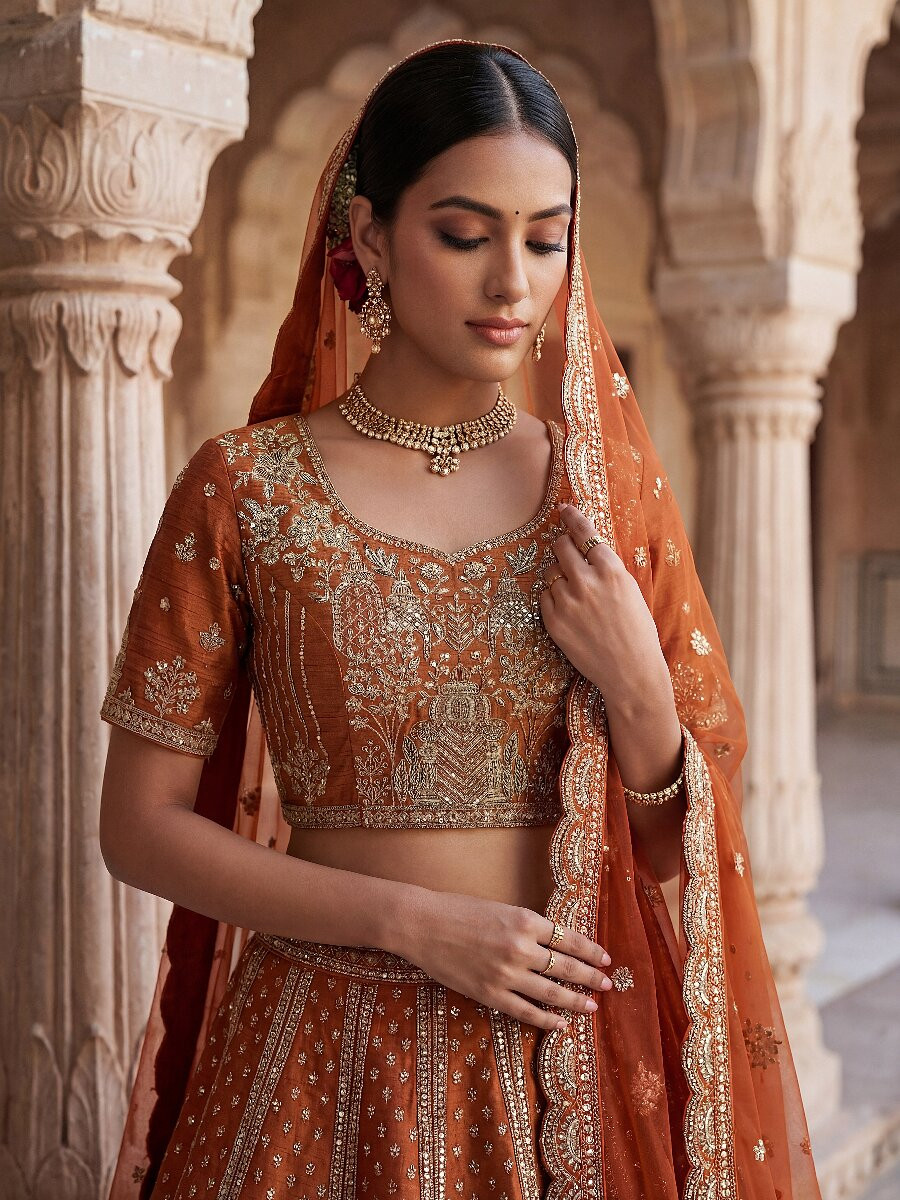 Orange Silk Embroidery Sequins Zari Wedding Bridal Party Festival Heavy Border Lehenga Choli