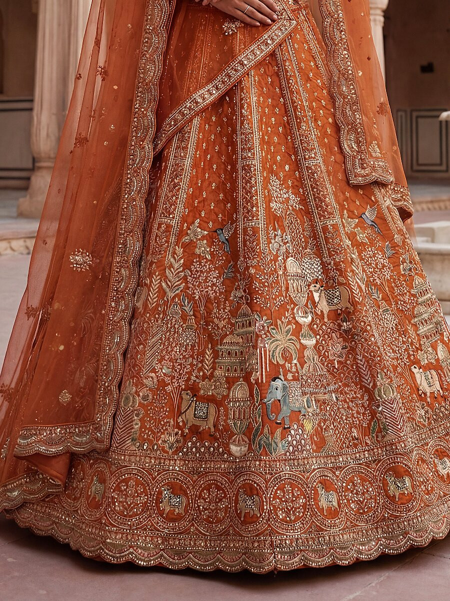Orange Silk Embroidery Sequins Zari Wedding Bridal Party Festival Heavy Border Lehenga Choli