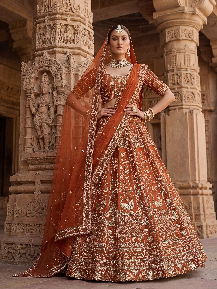 Orange Silk Embroidery Sequins Zari Wedding Reception Party Bridal Heavy Border Lehenga Choli