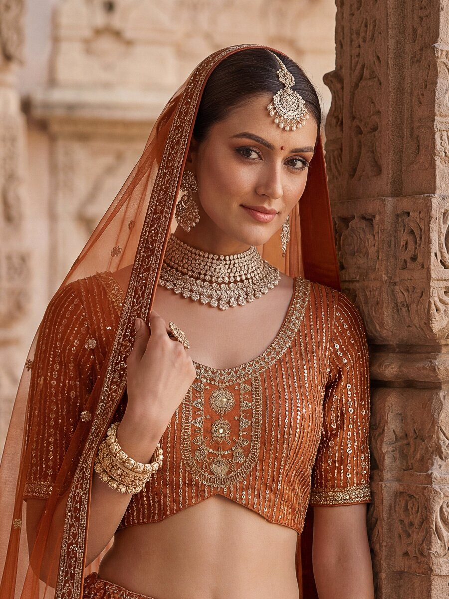 Orange Silk Embroidery Sequins Zari Wedding Reception Party Bridal Heavy Border Lehenga Choli