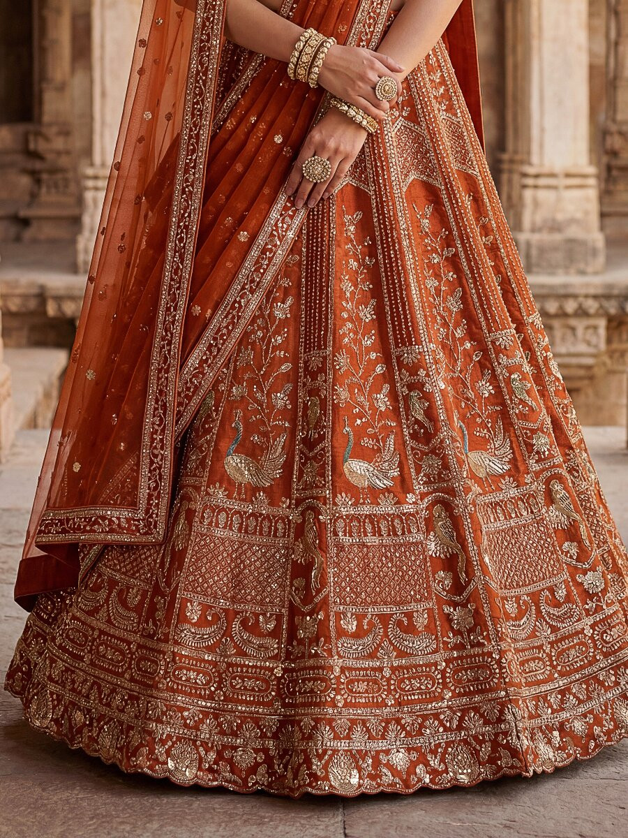 Orange Silk Embroidery Sequins Zari Wedding Reception Party Bridal Heavy Border Lehenga Choli