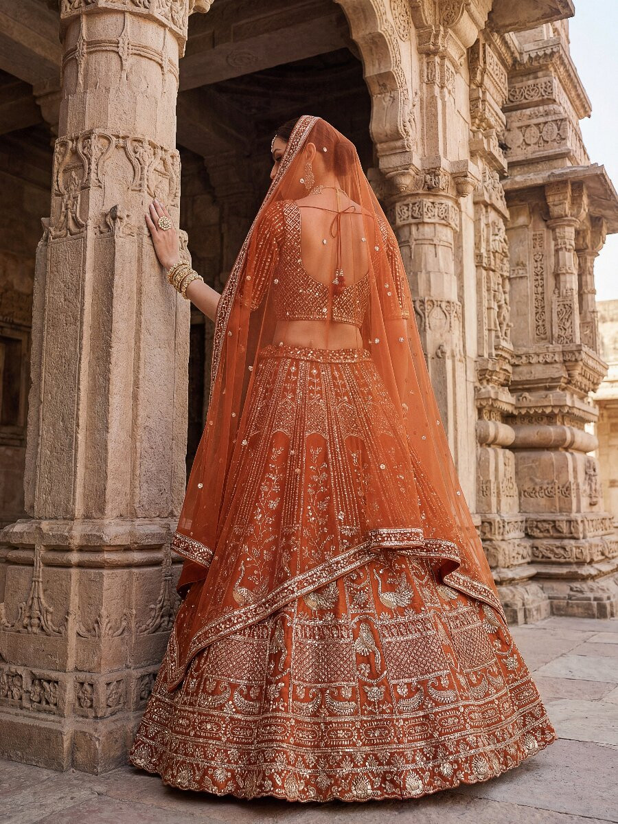 Orange Silk Embroidery Sequins Zari Wedding Reception Party Bridal Heavy Border Lehenga Choli