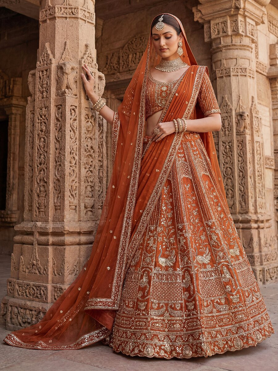 Orange Silk Embroidery Sequins Zari Wedding Reception Party Bridal Heavy Border Lehenga Choli