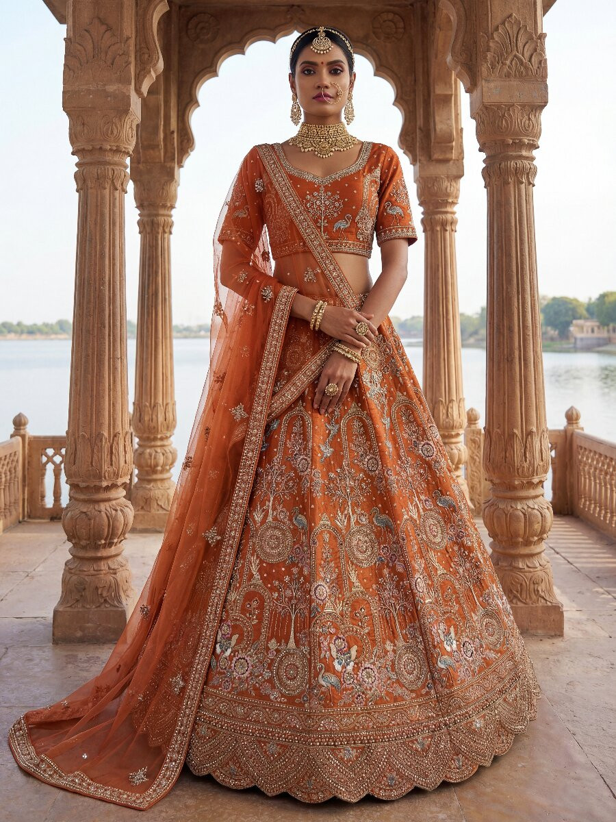 Orange Silk Embroidery Sequins Zari Zardosi Resham Thread Wedding Reception Party Festival Bridal Heavy Border Lehenga Choli