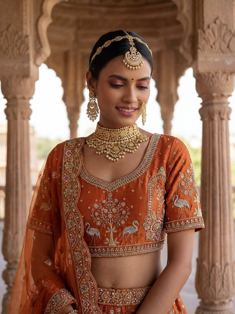 Orange Silk Embroidery Sequins Zari Zardosi Resham Thread Wedding Reception Party Festival Bridal Heavy Border Lehenga Choli