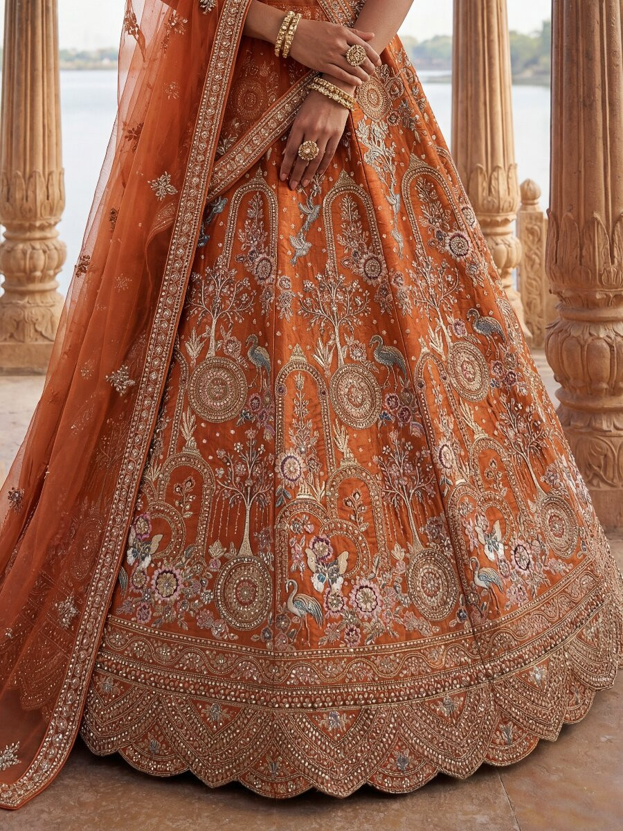 Orange Silk Embroidery Sequins Zari Zardosi Resham Thread Wedding Reception Party Festival Bridal Heavy Border Lehenga Choli