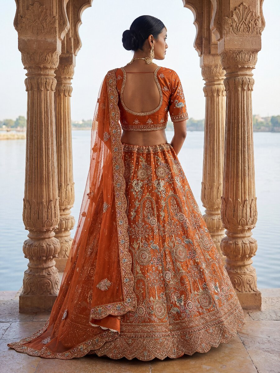 Orange Silk Embroidery Sequins Zari Zardosi Resham Thread Wedding Reception Party Festival Bridal Heavy Border Lehenga Choli