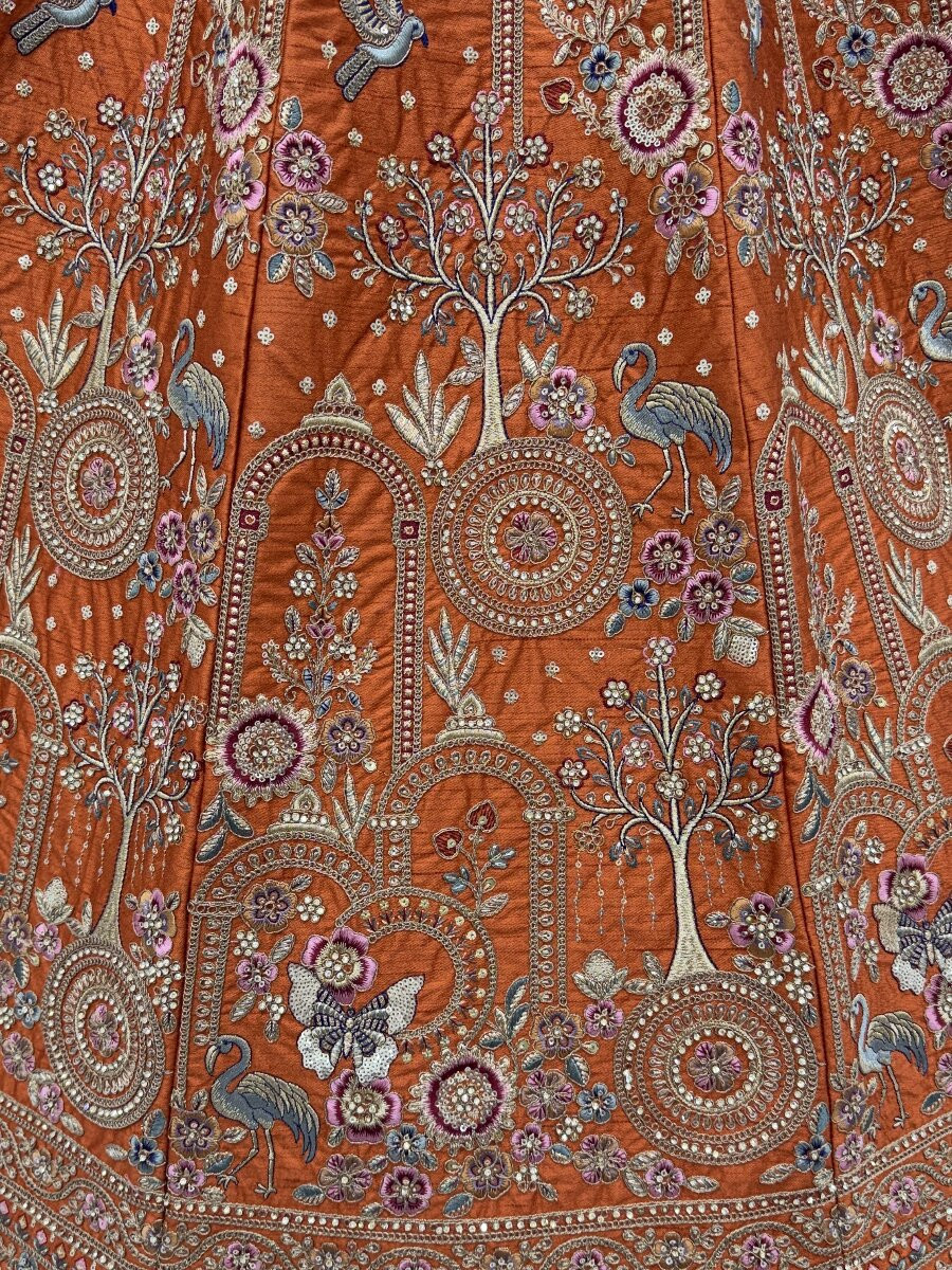 Orange Silk Embroidery Sequins Zari Zardosi Resham Thread Wedding Reception Party Festival Bridal Heavy Border Lehenga Choli