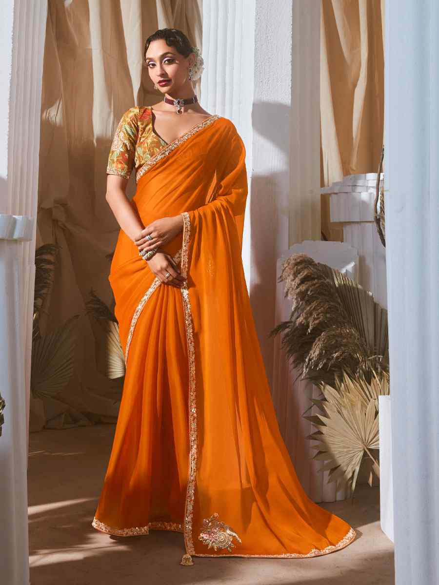 Orange Silk Embroidery Traditional Bridal Reception Festival Wedding Fancy Heavy Border Saree