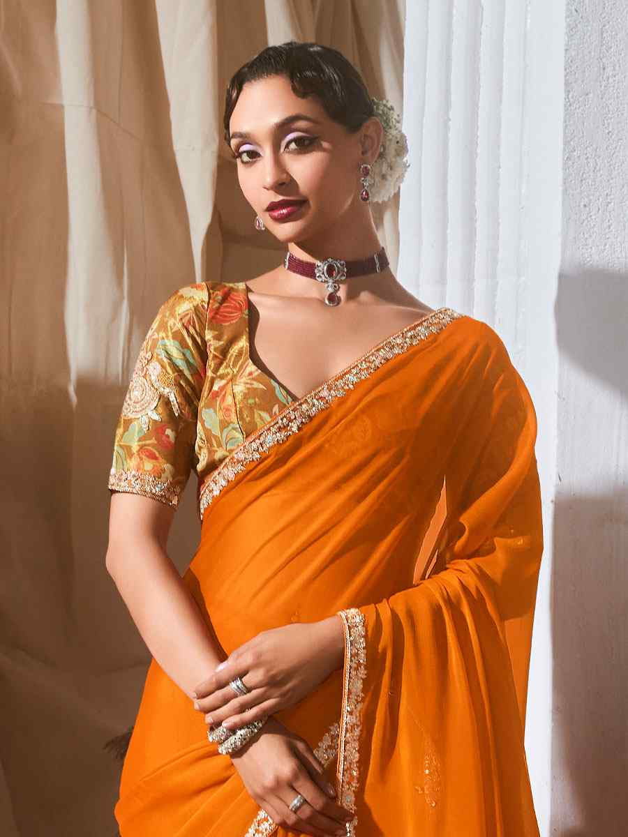 Orange Silk Embroidery Traditional Bridal Reception Festival Wedding Fancy Heavy Border Saree