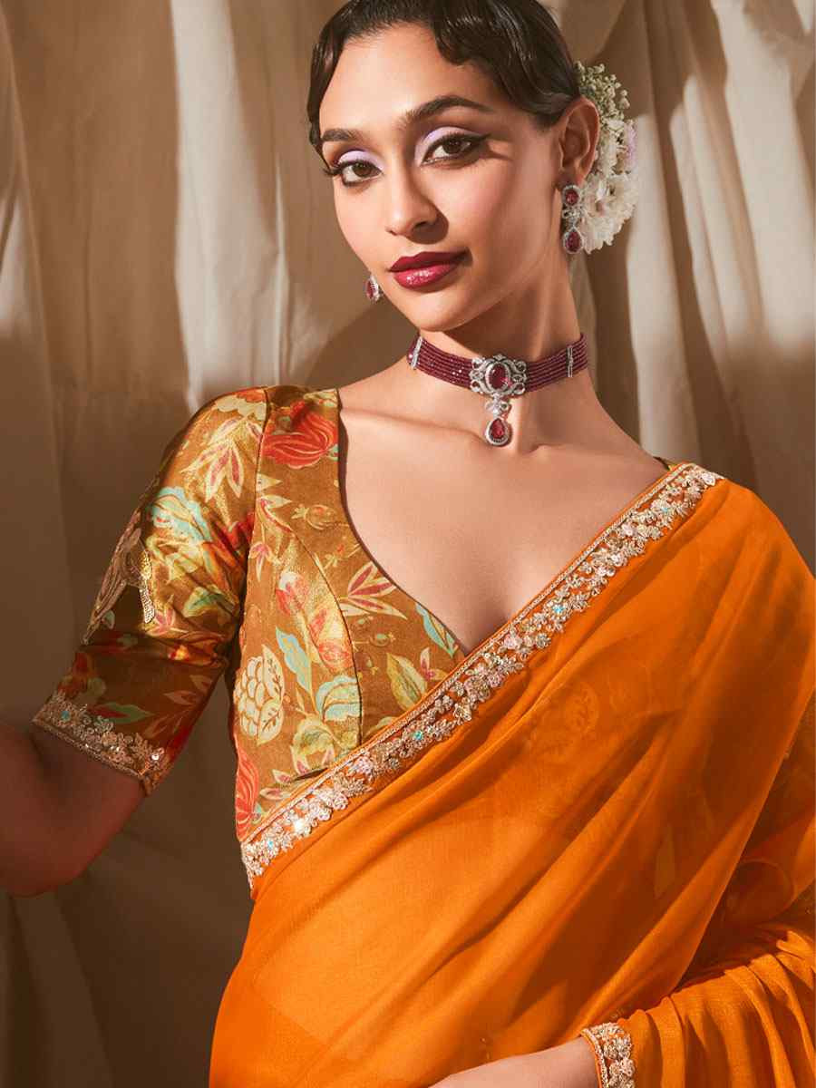 Orange Silk Embroidery Traditional Bridal Reception Festival Wedding Fancy Heavy Border Saree