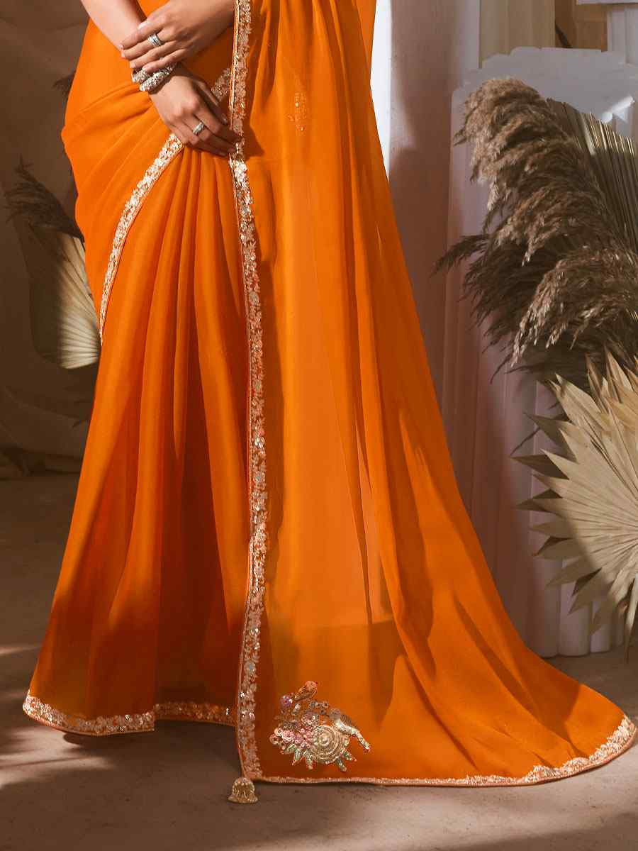 Orange Silk Embroidery Traditional Bridal Reception Festival Wedding Fancy Heavy Border Saree