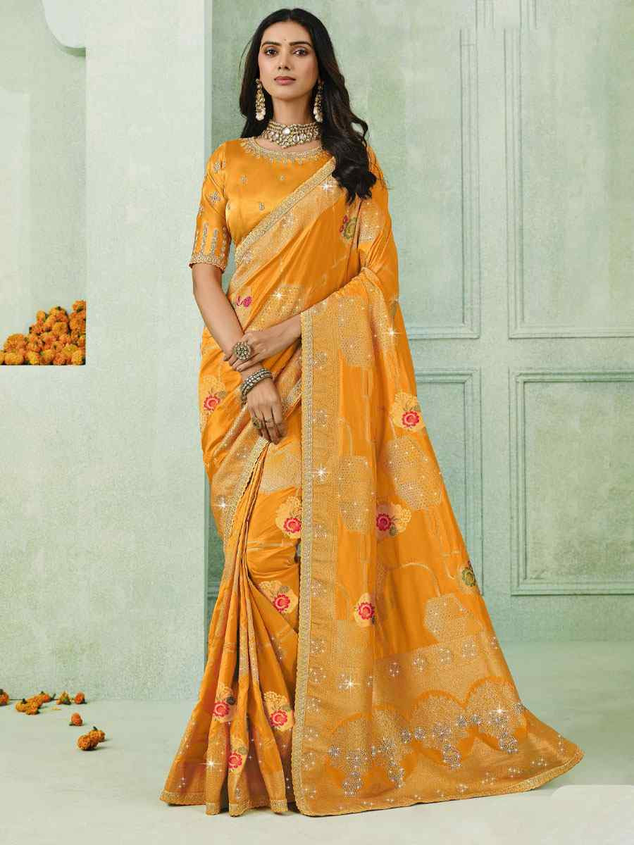 Orange Silk Embroidery Traditional Bridal Reception Festival Wedding Fancy Heavy Border Saree