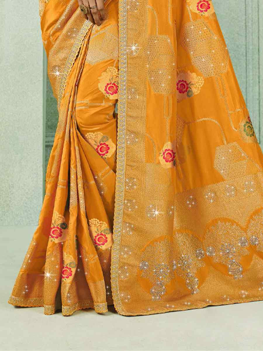 Orange Silk Embroidery Traditional Bridal Reception Festival Wedding Fancy Heavy Border Saree