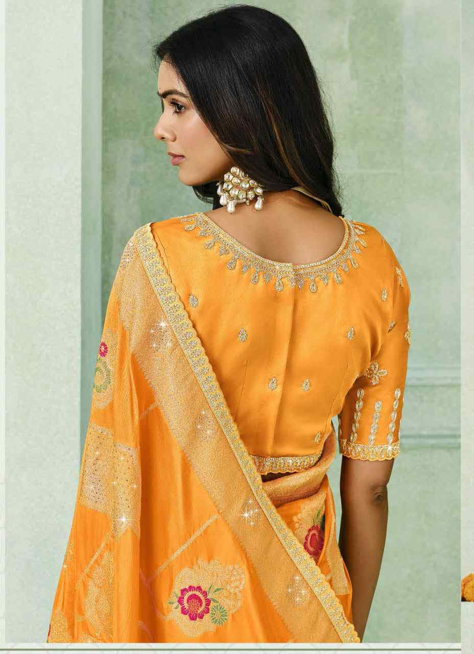 Orange Silk Embroidery Traditional Bridal Reception Festival Wedding Fancy Heavy Border Saree
