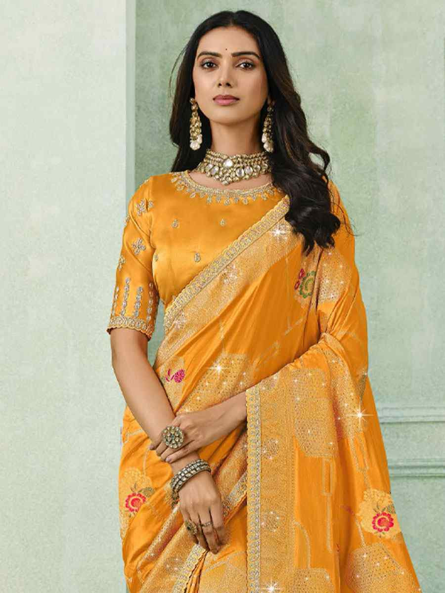 Orange Silk Embroidery Traditional Bridal Reception Festival Wedding Fancy Heavy Border Saree