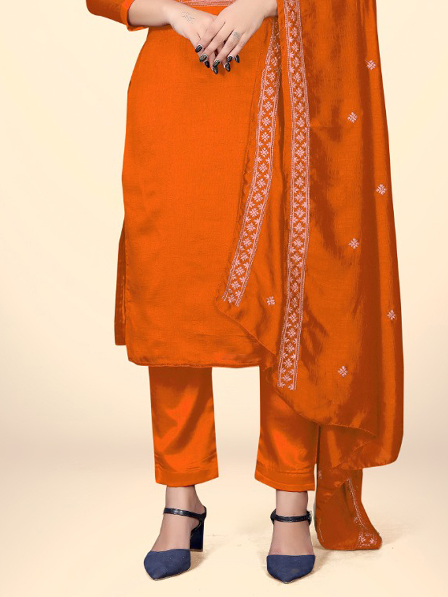 Orange Silk Handwoven Casual Festival Pant Salwar Kameez