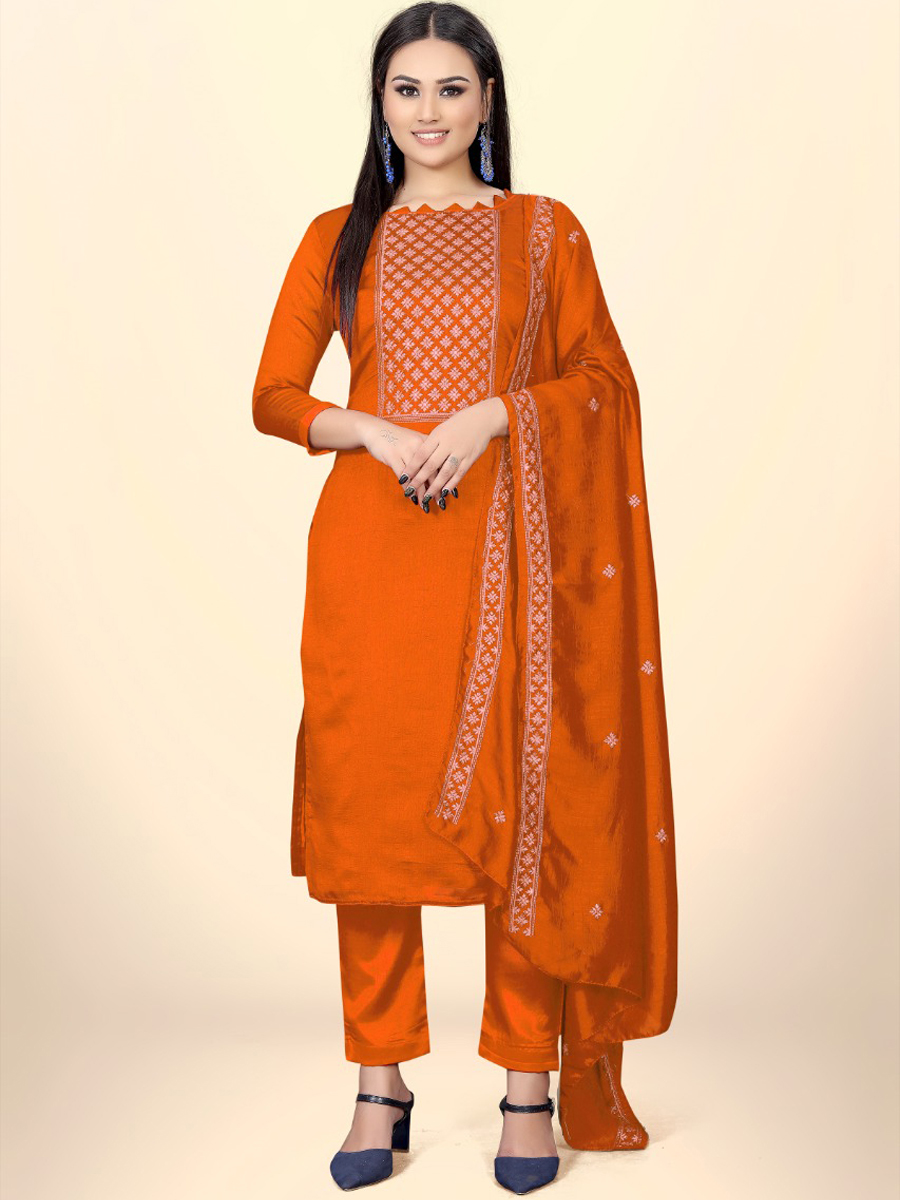 Orange Silk Handwoven Casual Festival Pant Salwar Kameez