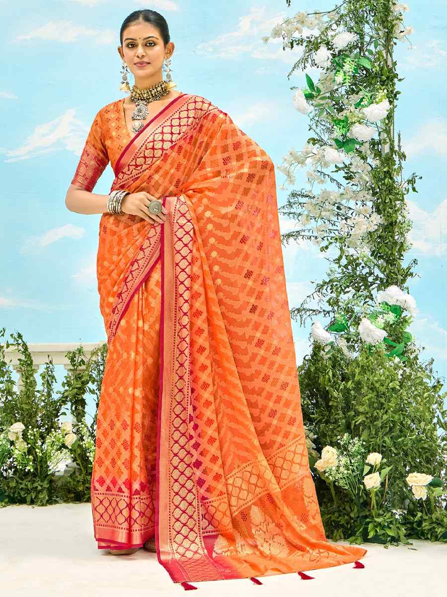 Orange Silk Handwoven Festival Wedding Fancy Heavy Border Saree