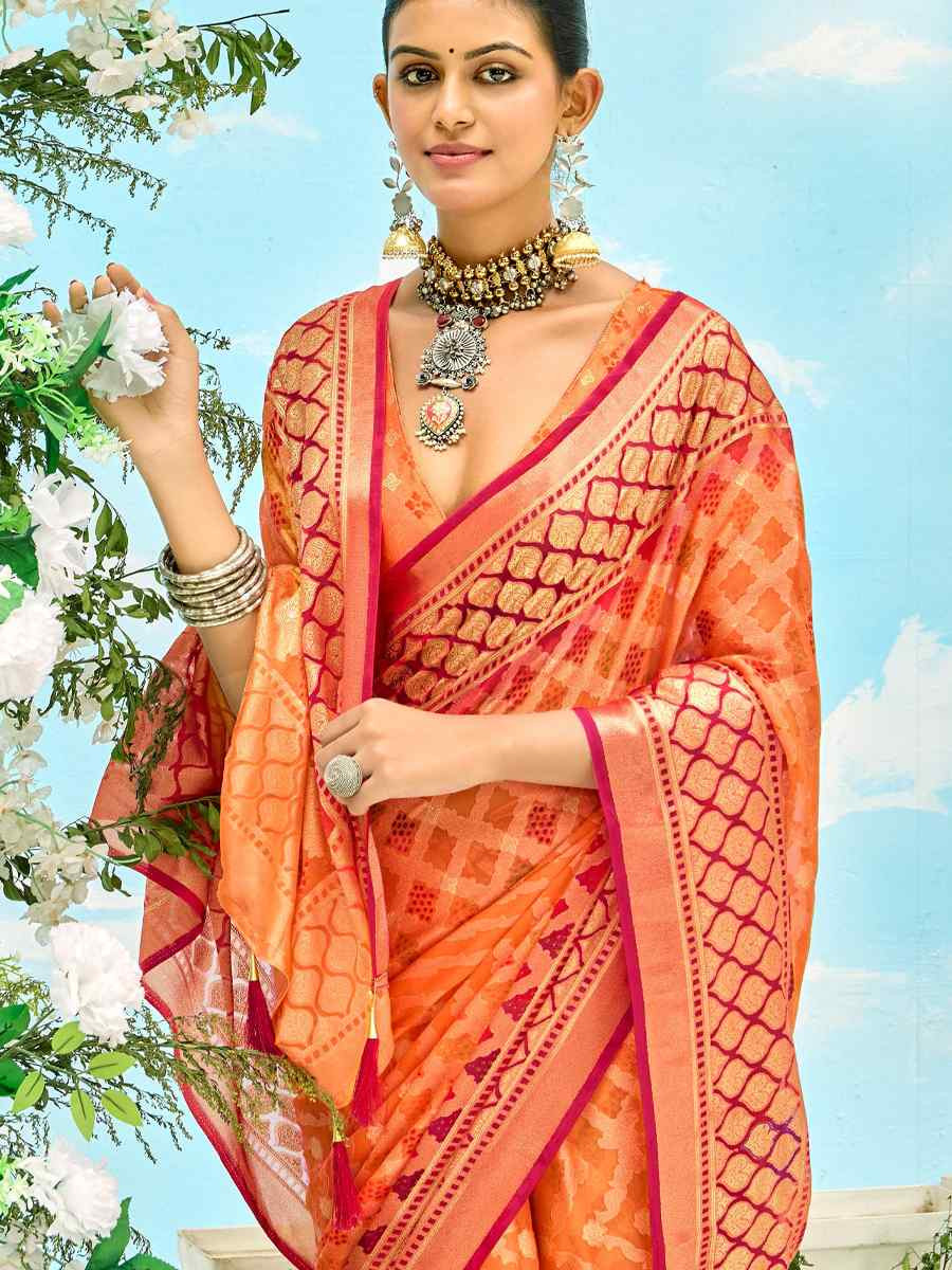 Orange Silk Handwoven Festival Wedding Fancy Heavy Border Saree
