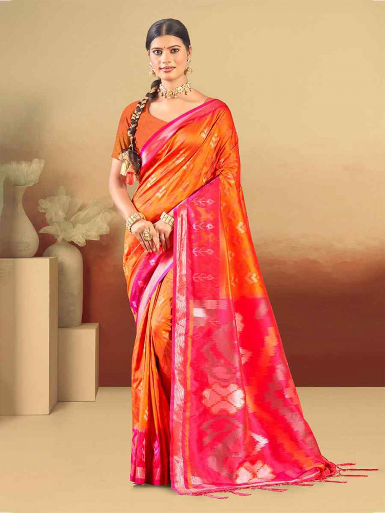 Image of Orange Silk Handwoven Festival Wedding Fancy Heavy Border Saree