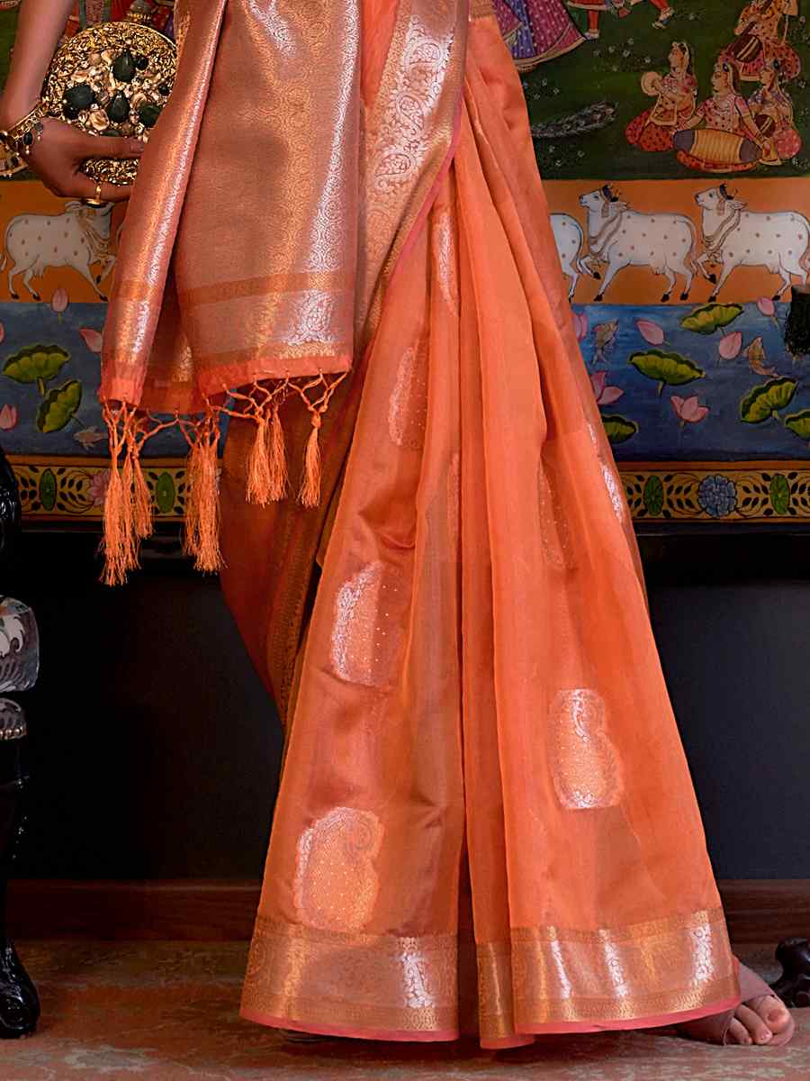 Orange Silk Handwoven Party Festival Heavy Border Saree