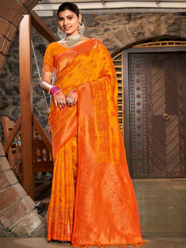 Orange Silk Handwoven Wedding Festival Heavy Border Saree