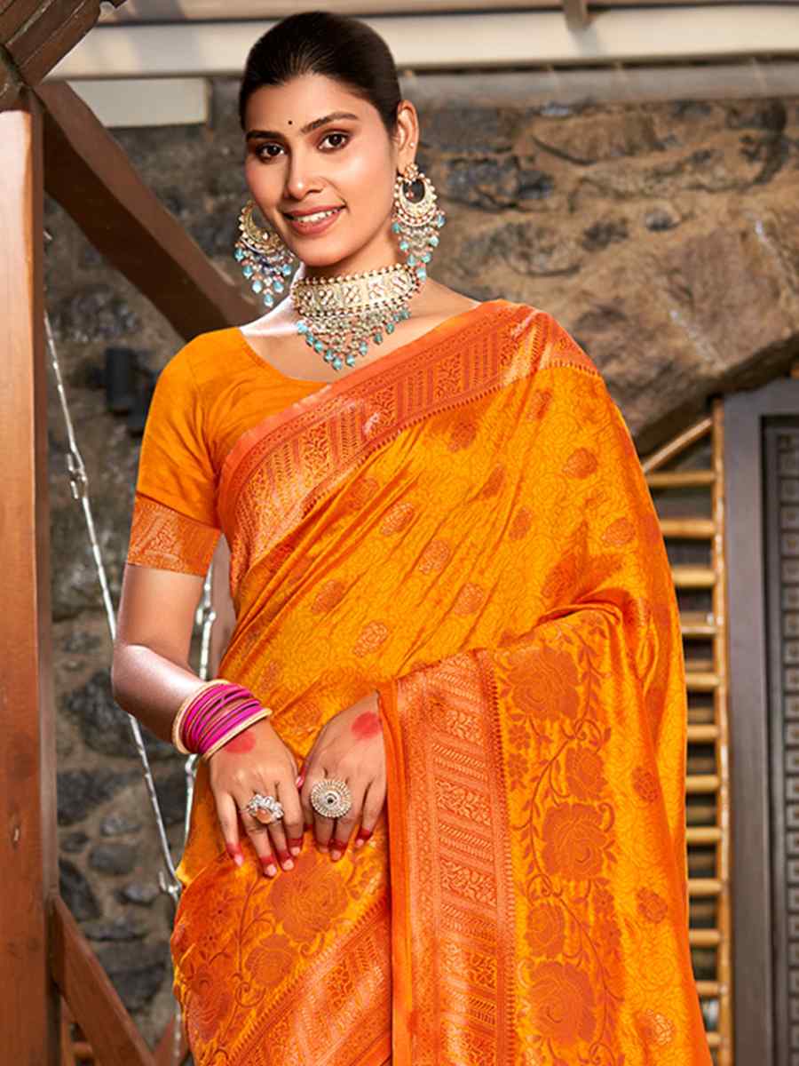 Orange Silk Handwoven Wedding Festival Heavy Border Saree