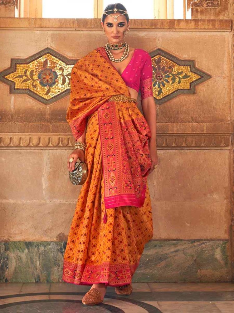 Orange Silk Handwoven Wedding Festival Heavy Border Saree