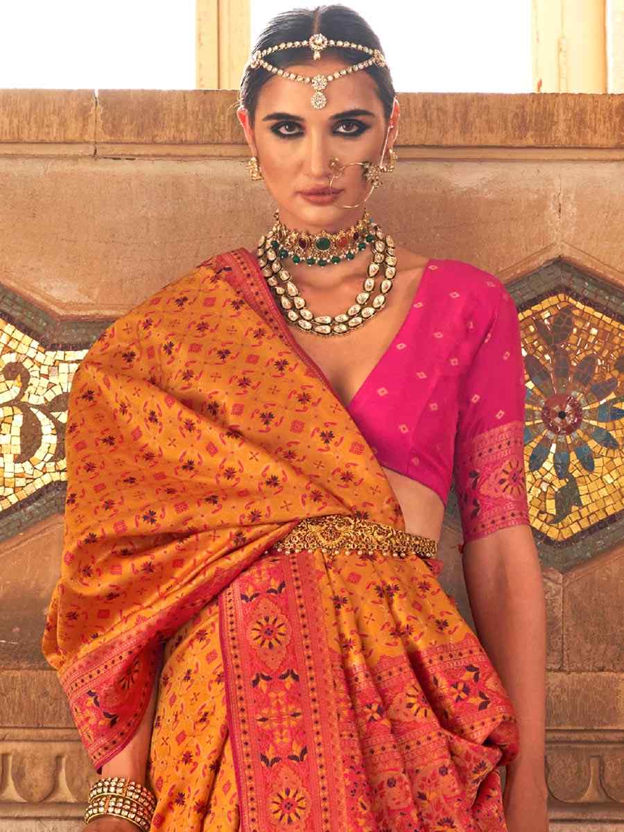 Orange Silk Handwoven Wedding Festival Heavy Border Saree