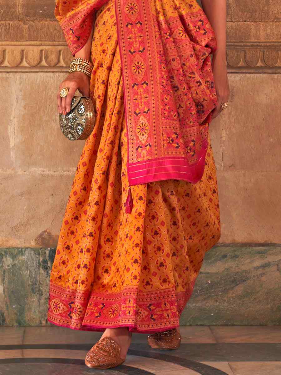 Orange Silk Handwoven Wedding Festival Heavy Border Saree